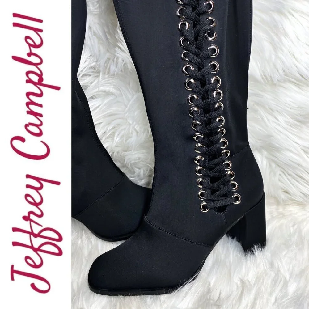 NWOB JEFFREY CAMPBELL Black Elektra Corset Faux Leather Over The Knee Boots,‎ 6